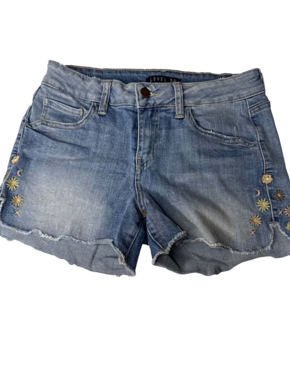 Level 99 Boho Chic Denim Shorts With Celestial Embroidery Distressed Hem size 27